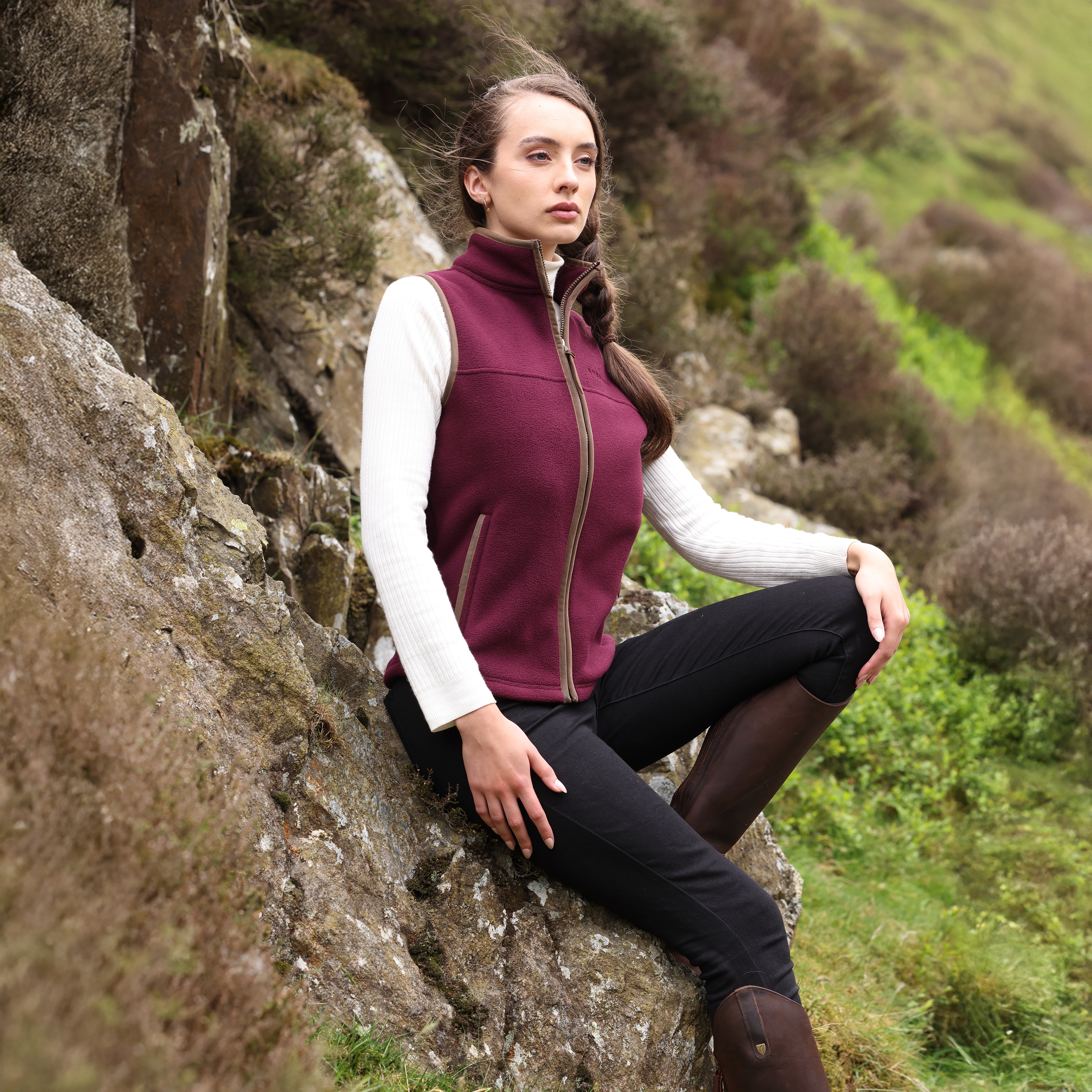 Female wearing the Aubrion Ladies Fleece Gilet in Maroon