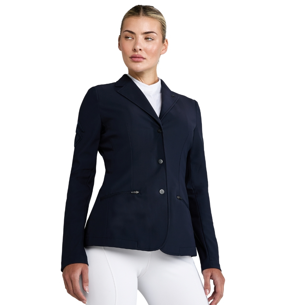 Blonde female wearing the Navy Aztec Diamond Competition Jacket