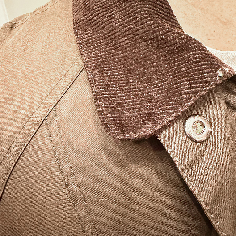 Close up of Barbour wax jacket collar