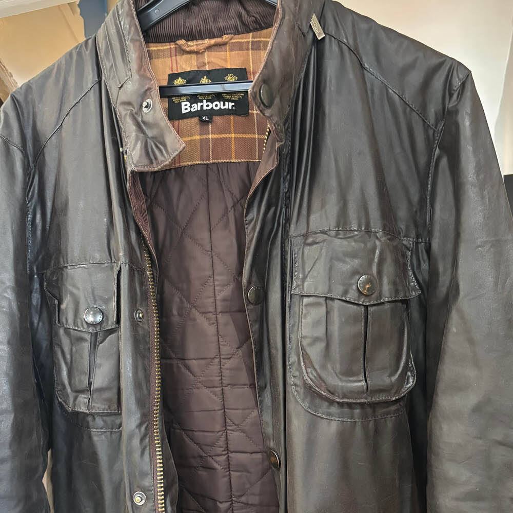 Barbour wax jacket treated with thornproof wax dressing 