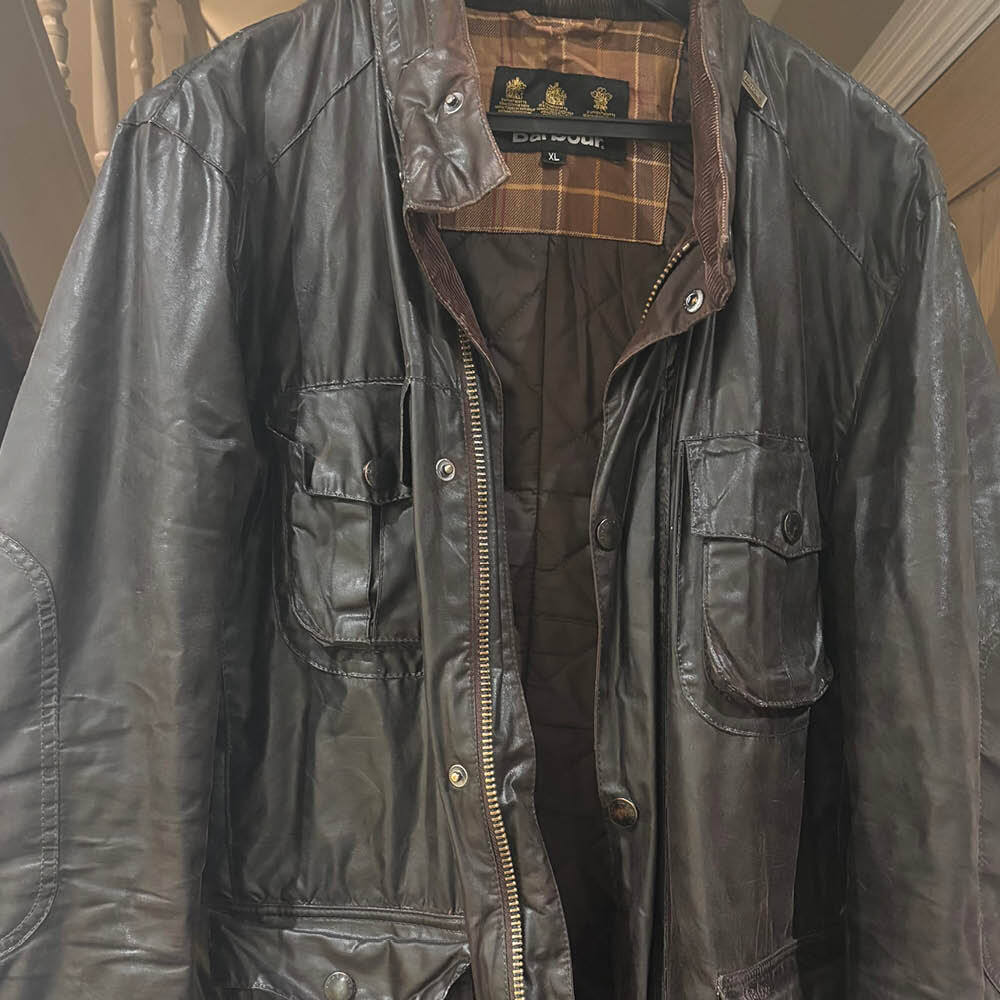 Barbour jacket after applying wax dressing.
