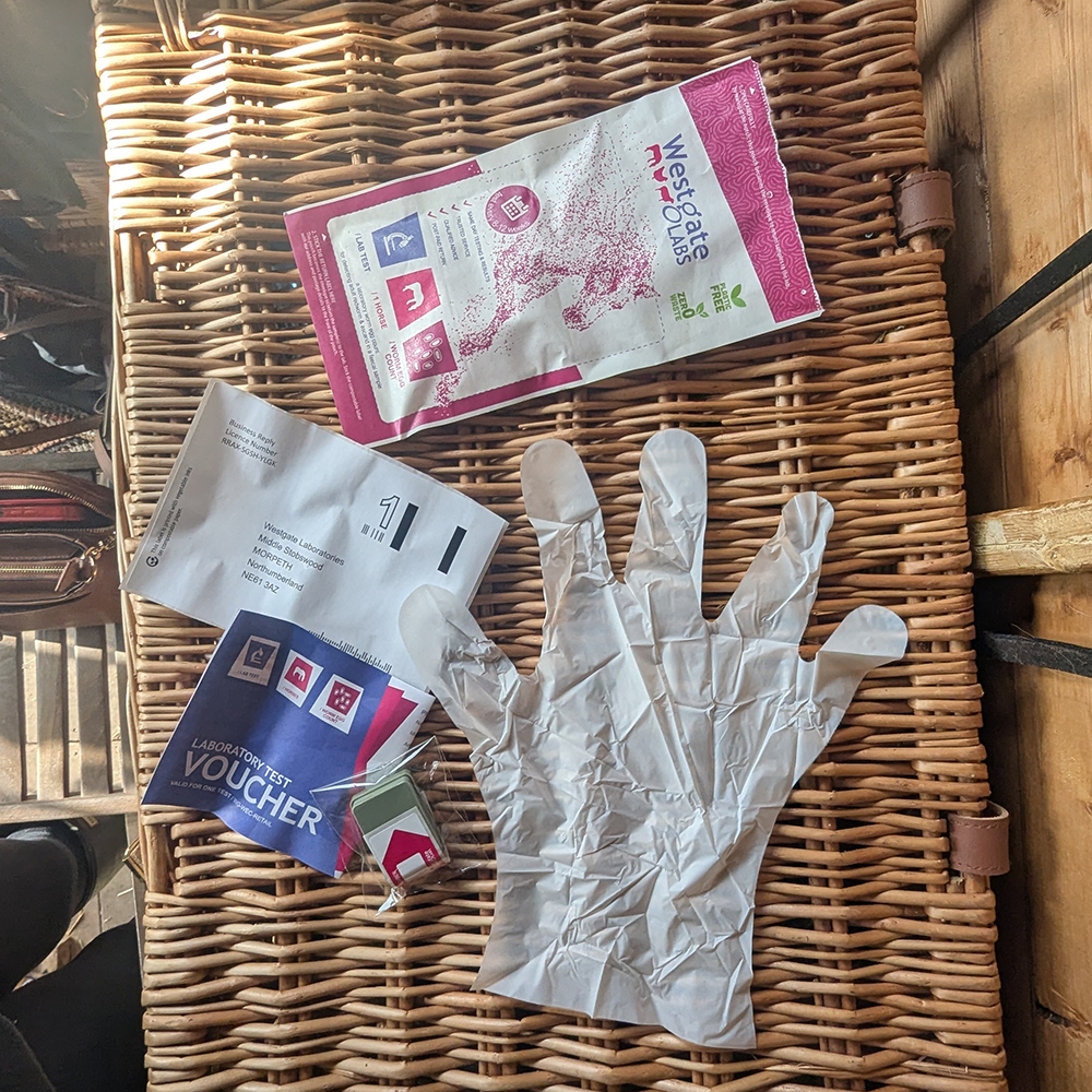 Contents of a Worm Egg Count Test Kit for Horses including glove, pot and postage