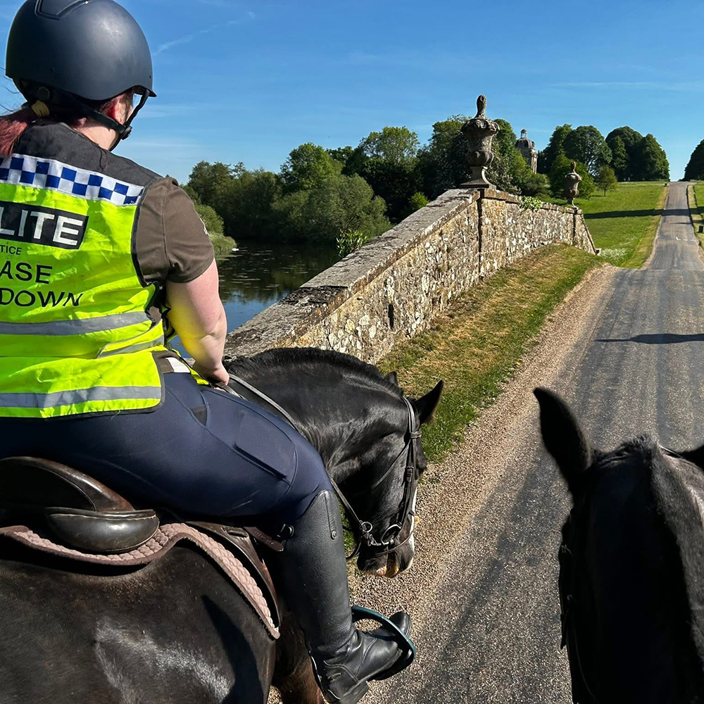 Female riding a black horse and wearing hi-vis plus Evoke Riding Leggings