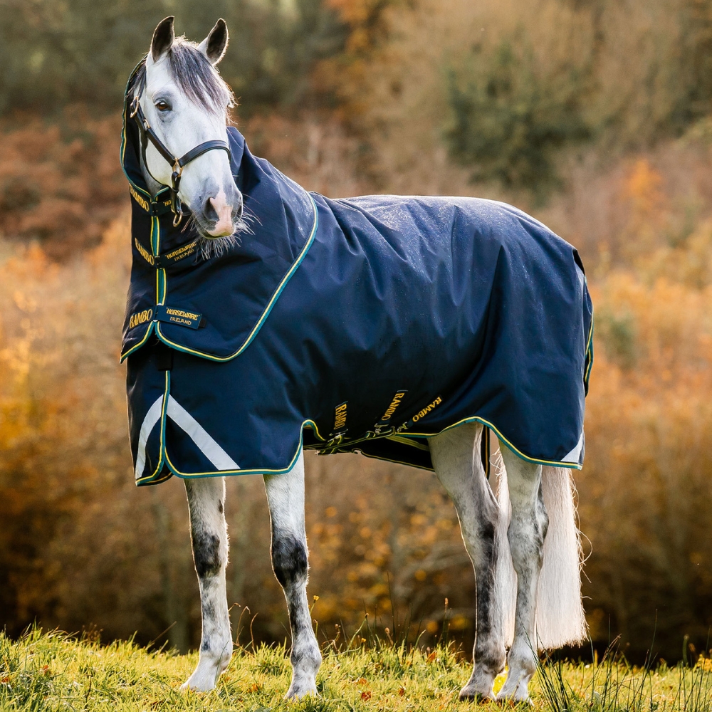 Grey horse wearing the Horseware Rambo Duo Force 2.0 Turnout Rug Bundle