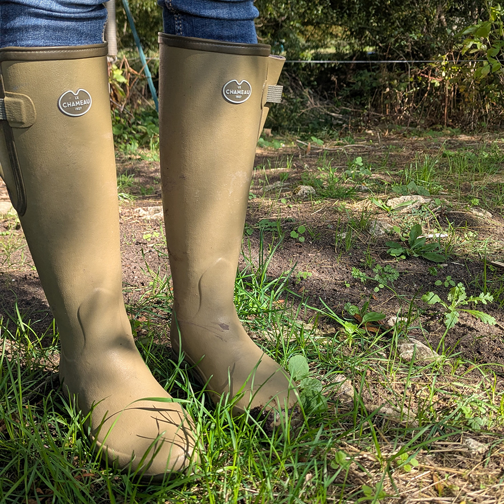 Woman wearing Le Chameau Wellington Boots in Field with Pony Woman wearing Le Chameau Wellington Boots in Field with Pony