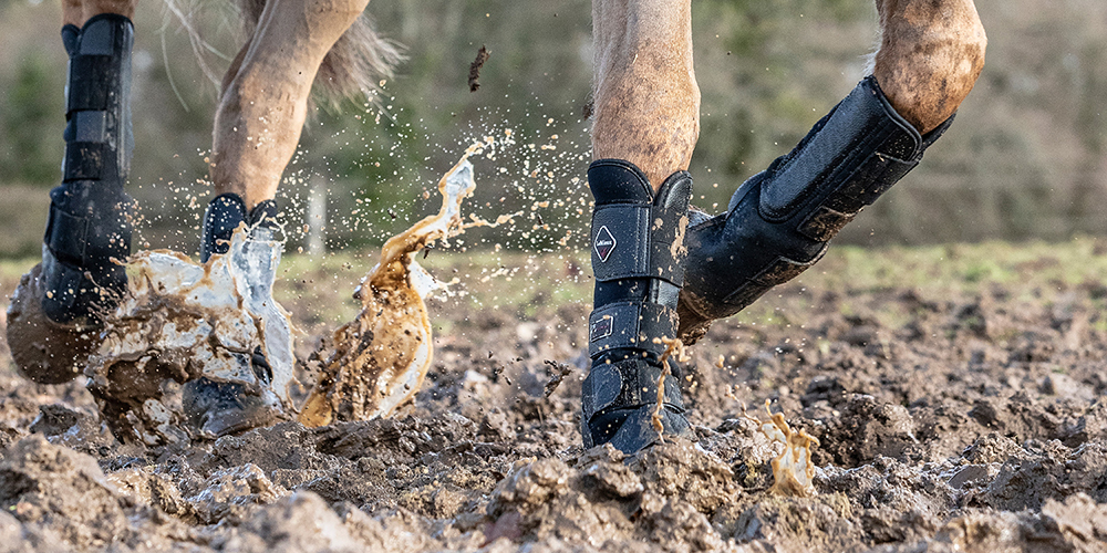 LeMieux Turnout Boots on horse in muddy paddock