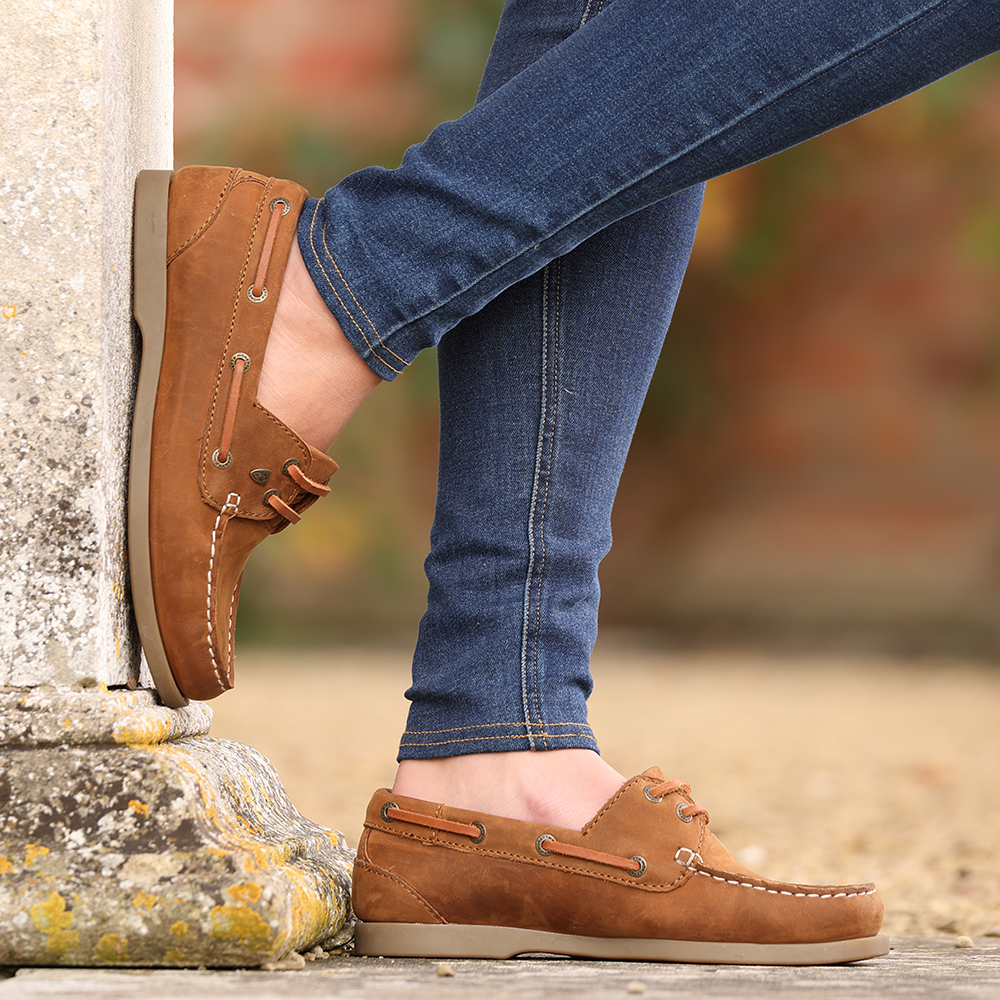 Woman wearing affordable Moretta deck shoes