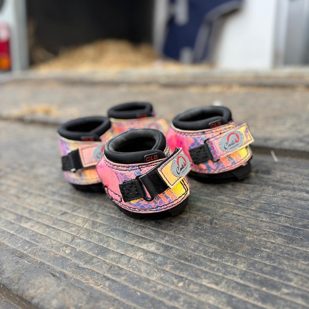 Cavallo hoof boots arranged on a horse trailer ramp, showing front straps and padded openings Cavallo hoof boots arranged on a horse trailer ramp, showing front straps and padded openings
