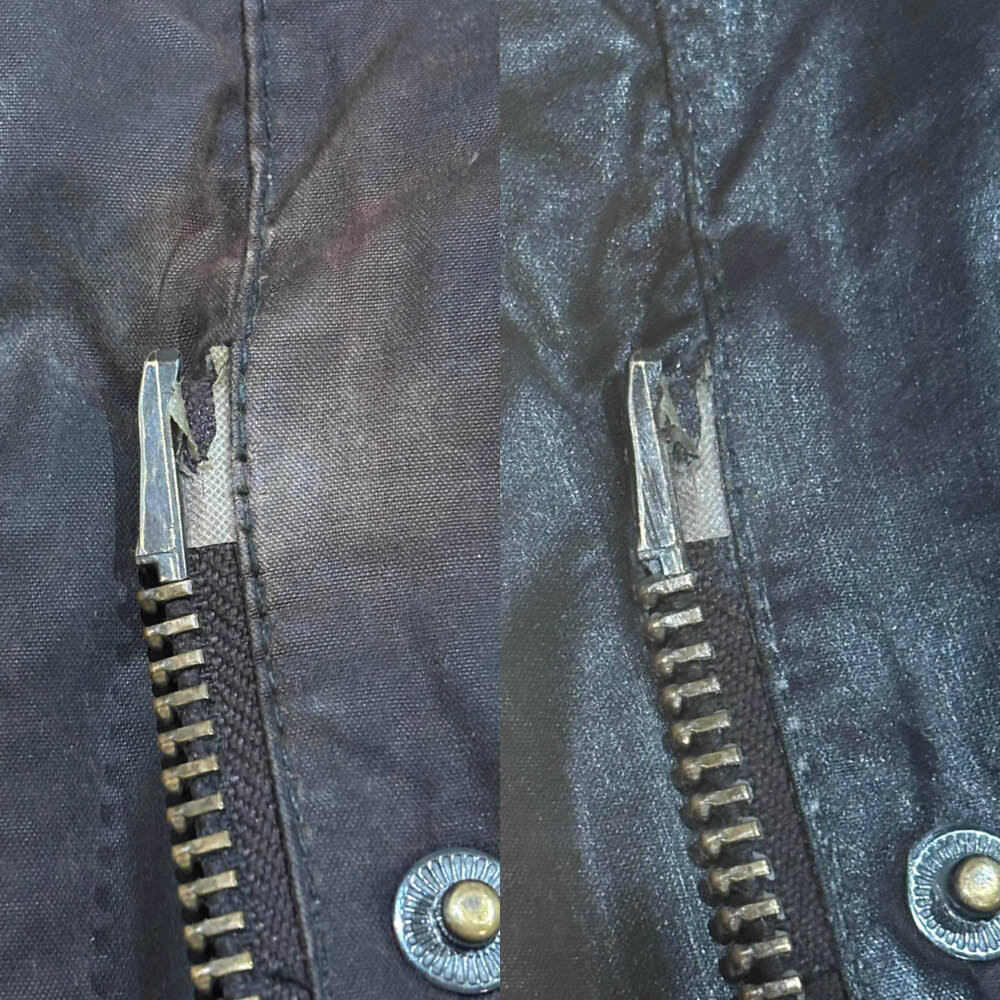 Close-up showing the difference between faded wax cotton and shinier waxed sections of a Barbour jacket.