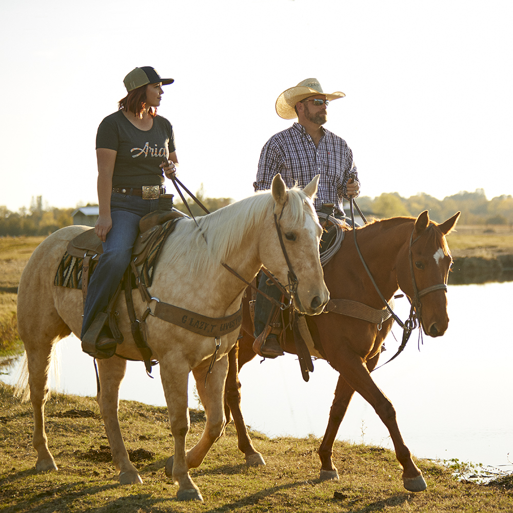 Two People Horse Riding in Ariat Cowboy Boots